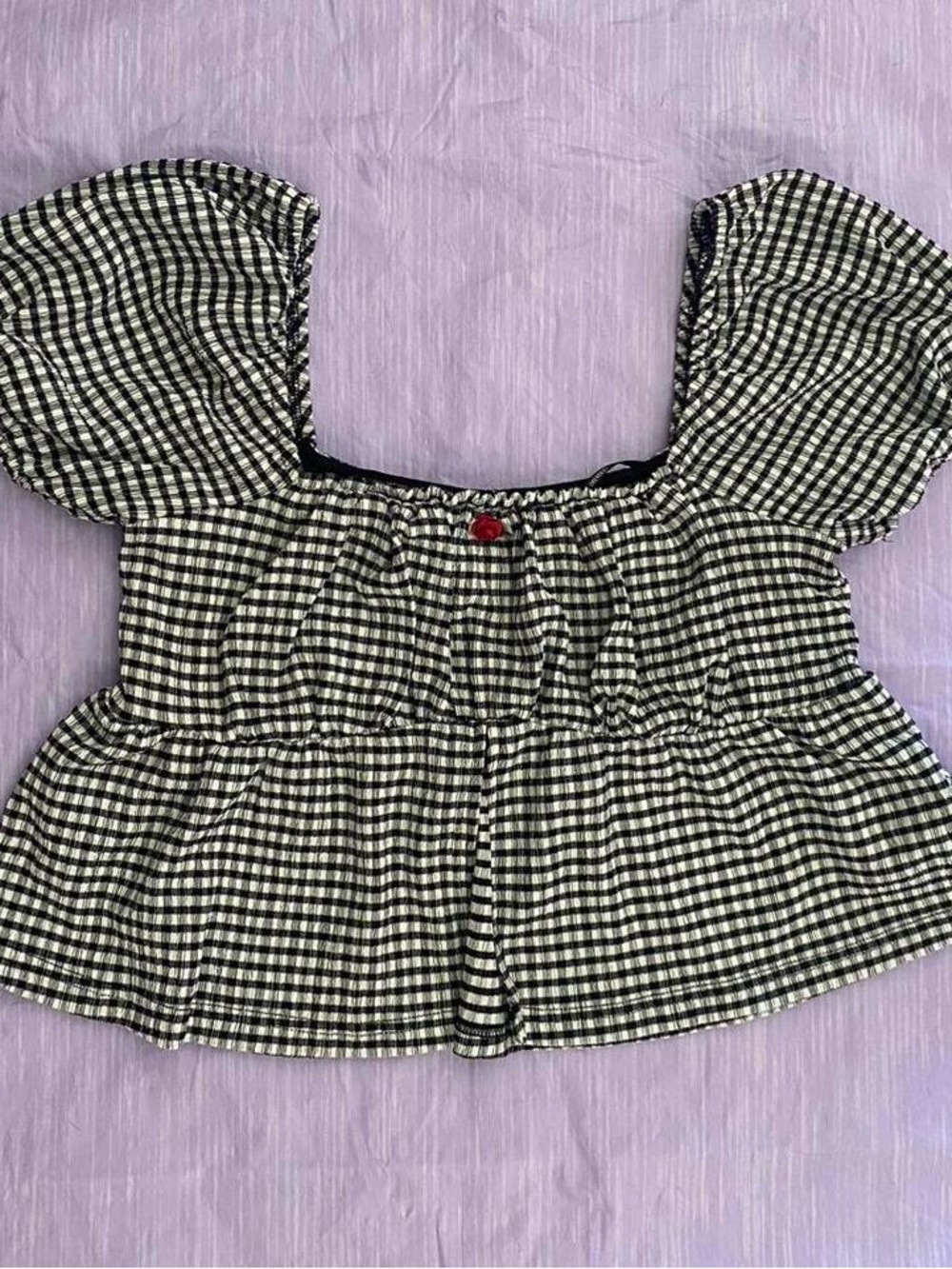 Forever 21 Black and White Gingham Puff-Sleeve Crop Top with Red Accent